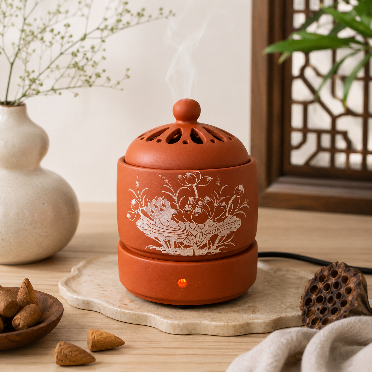Lư Xông Điện Vẽ Sen Bát Tràng – Tinh Hoa Làng Nghề Việt, Giải Pháp Xông Đốt Trầm Hương & Thảo Mộc Thông Minh 2 Lư Xông Điện Vẽ Sen Bát Tràng – Tinh Hoa Làng Nghề Việt, Giải Pháp Xông Đốt Trầm Hương & Thảo Mộc Thông Minh - Image 2